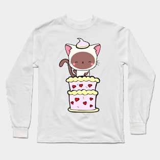 Funny white cat jumping out of a cake Long Sleeve T-Shirt